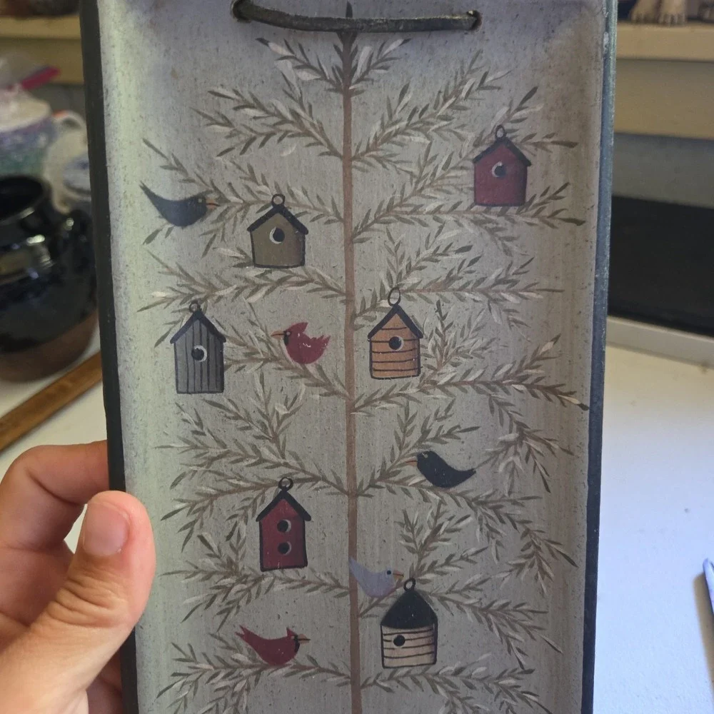 Donna White Birdhouse Birds Hand Painted Wall Hanging Wooden Tray Folk Art Tree
